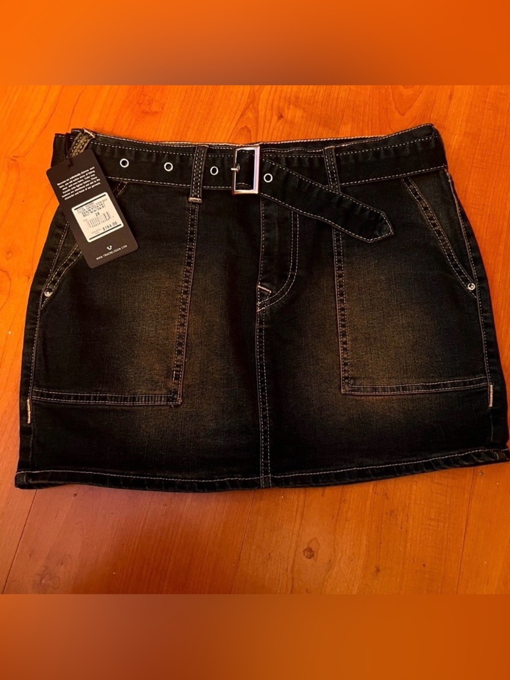 True Religion Black Denim Mini Skirt with Belted Waist